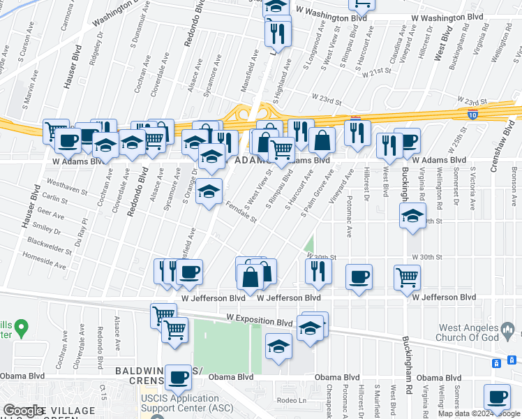 map of restaurants, bars, coffee shops, grocery stores, and more near 2741 South Rimpau Boulevard in Los Angeles