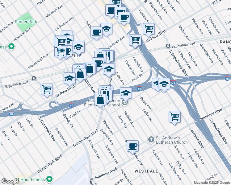 map of restaurants, bars, coffee shops, grocery stores, and more near Santa Monica Freeway in Los Angeles