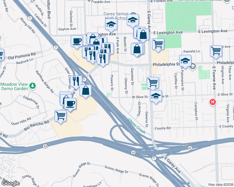 map of restaurants, bars, coffee shops, grocery stores, and more near 2253 Powers Street in Pomona