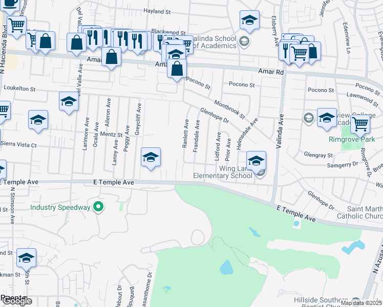 map of restaurants, bars, coffee shops, grocery stores, and more near 621 Frandale Avenue in La Puente