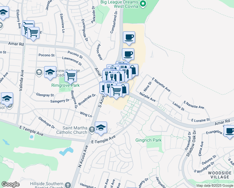 map of restaurants, bars, coffee shops, grocery stores, and more near 1524 East Amar Road in West Covina