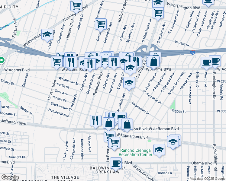 map of restaurants, bars, coffee shops, grocery stores, and more near 2740 South Sycamore Avenue in Los Angeles