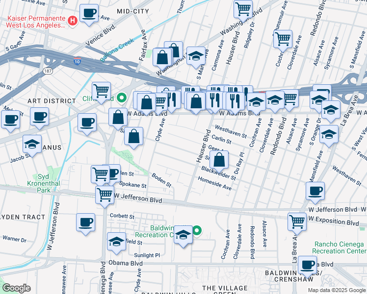 map of restaurants, bars, coffee shops, grocery stores, and more near 5547 Smiley Drive in Los Angeles