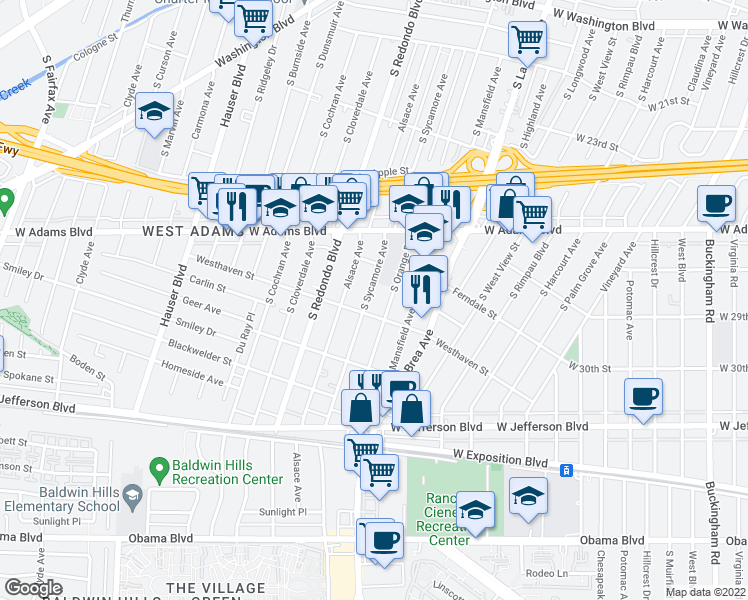 map of restaurants, bars, coffee shops, grocery stores, and more near 2740 South Sycamore Avenue in Los Angeles