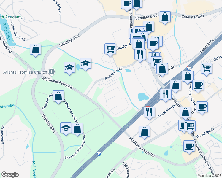 map of restaurants, bars, coffee shops, grocery stores, and more near 3260 Northcliff Drive in Suwanee
