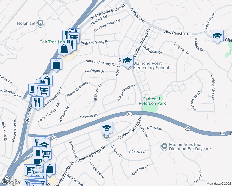map of restaurants, bars, coffee shops, grocery stores, and more near 502 North Del Sol Lane in Diamond Bar