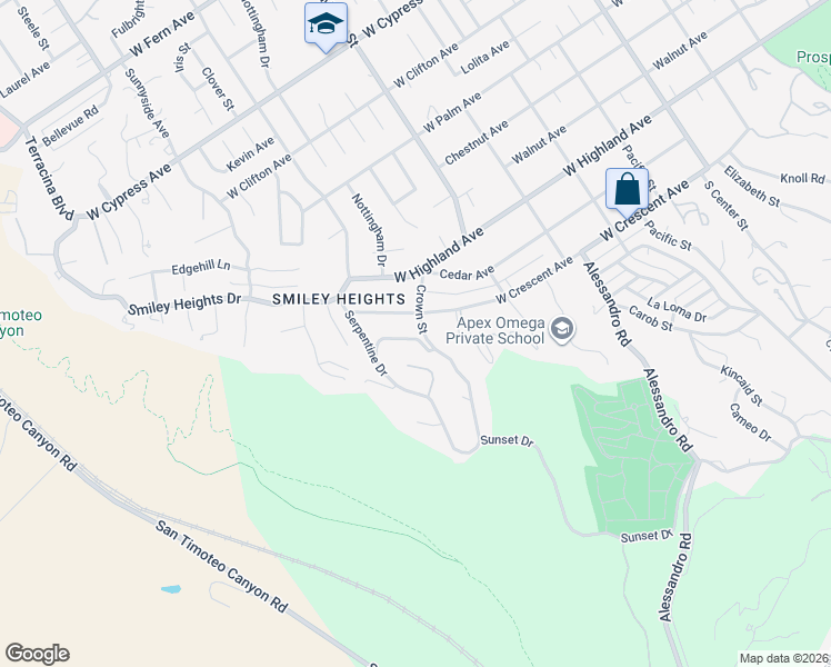 map of restaurants, bars, coffee shops, grocery stores, and more near 1259 West Crescent Avenue in Redlands