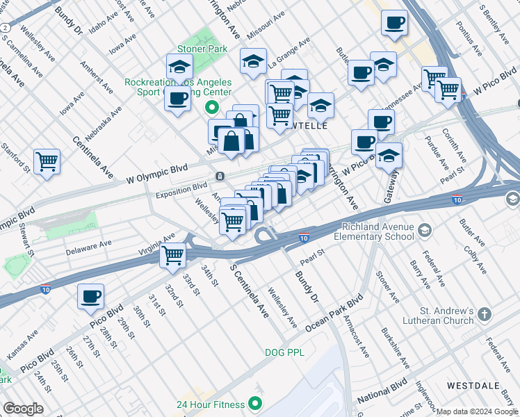 map of restaurants, bars, coffee shops, grocery stores, and more near 11924 Tennessee Place in Los Angeles