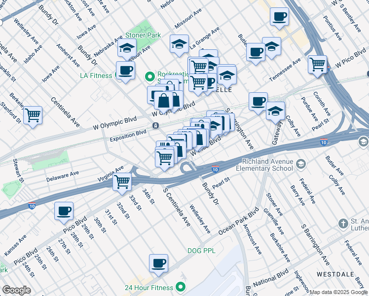 map of restaurants, bars, coffee shops, grocery stores, and more near 11924 Tennessee Place in Los Angeles