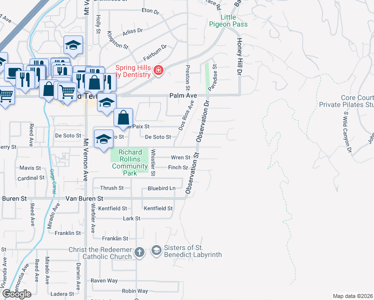 map of restaurants, bars, coffee shops, grocery stores, and more near 22933 De Berry Street in Grand Terrace
