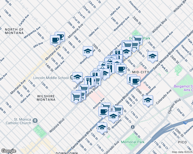 map of restaurants, bars, coffee shops, grocery stores, and more near 1131 17th Street in Santa Monica