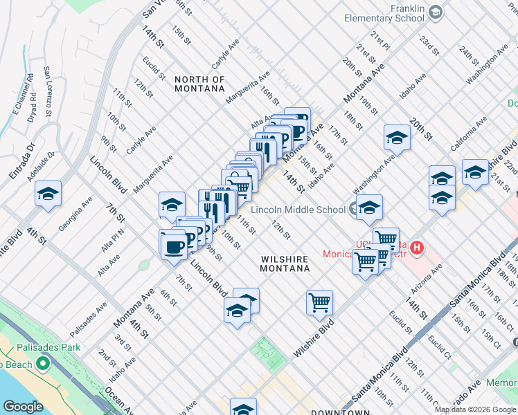 map of restaurants, bars, coffee shops, grocery stores, and more near 825 12th St in Santa Monica