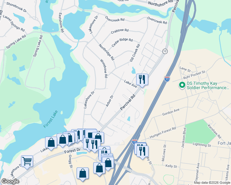 map of restaurants, bars, coffee shops, grocery stores, and more near 338 Arbor Drive in Columbia