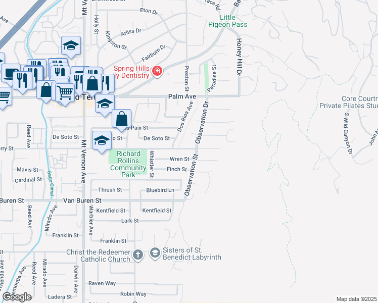 map of restaurants, bars, coffee shops, grocery stores, and more near 22933 De Berry Street in Grand Terrace