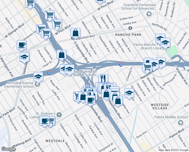 map of restaurants, bars, coffee shops, grocery stores, and more near 2749 South Sepulveda Boulevard in Los Angeles