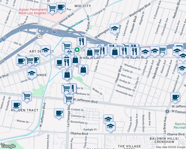 map of restaurants, bars, coffee shops, grocery stores, and more near 2715 Clyde Avenue in Los Angeles