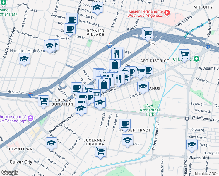 map of restaurants, bars, coffee shops, grocery stores, and more near 3250 Hutchison Avenue in Culver City
