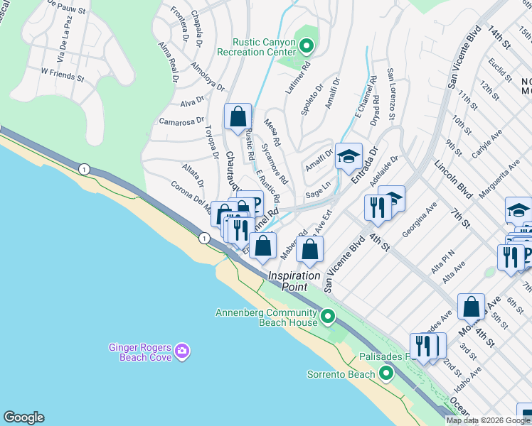 map of restaurants, bars, coffee shops, grocery stores, and more near 239 West Channel Road in Santa Monica