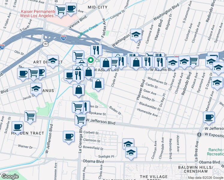 map of restaurants, bars, coffee shops, grocery stores, and more near 2715 Clyde Avenue in Los Angeles