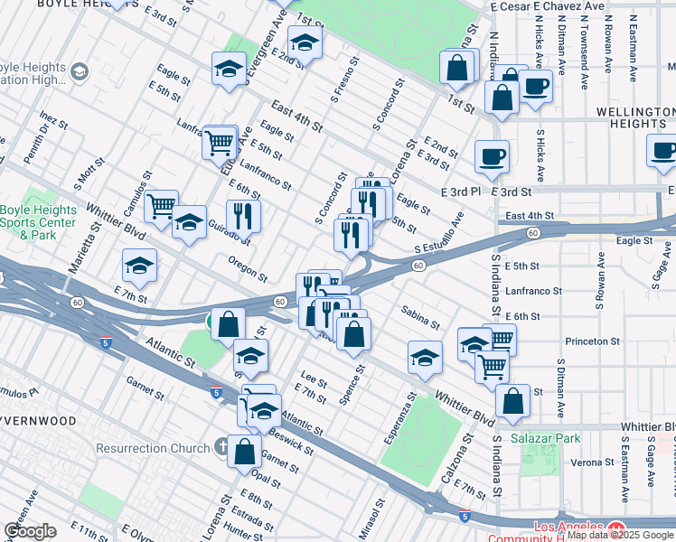 map of restaurants, bars, coffee shops, grocery stores, and more near 3327 Sabina Street in Los Angeles