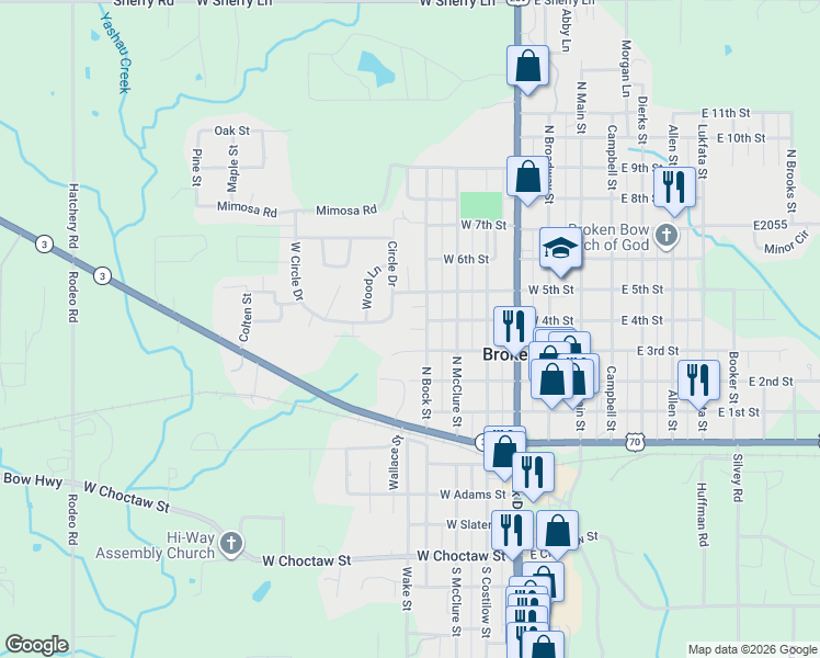 map of restaurants, bars, coffee shops, grocery stores, and more near 4th Street in Broken Bow