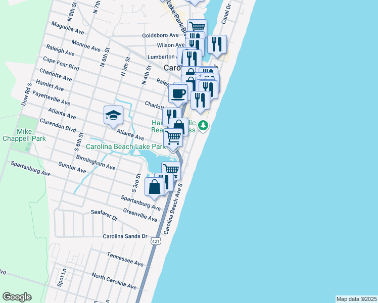 map of restaurants, bars, coffee shops, grocery stores, and more near 310 Carolina Beach Avenue North in Carolina Beach