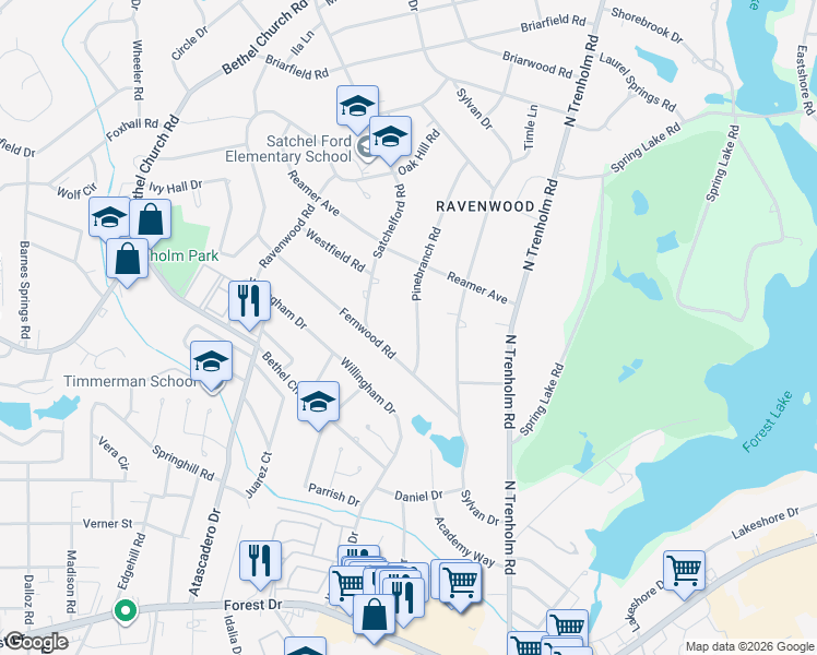 map of restaurants, bars, coffee shops, grocery stores, and more near 5647 Pinebranch Road in Columbia