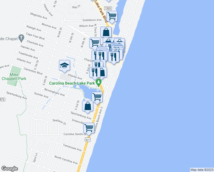 map of restaurants, bars, coffee shops, grocery stores, and more near 310 Carolina Beach Avenue South in Carolina Beach