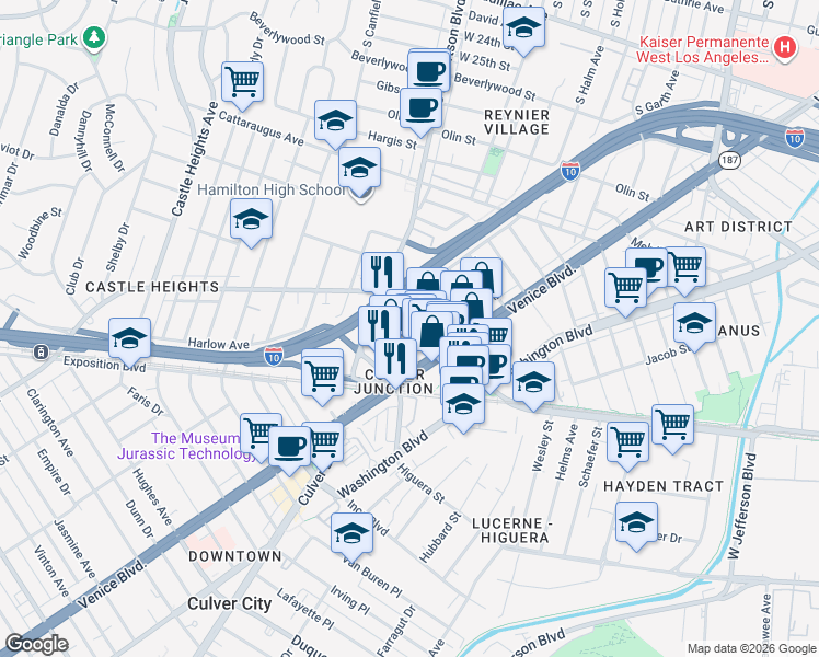 map of restaurants, bars, coffee shops, grocery stores, and more near 8940 National Boulevard in Los Angeles