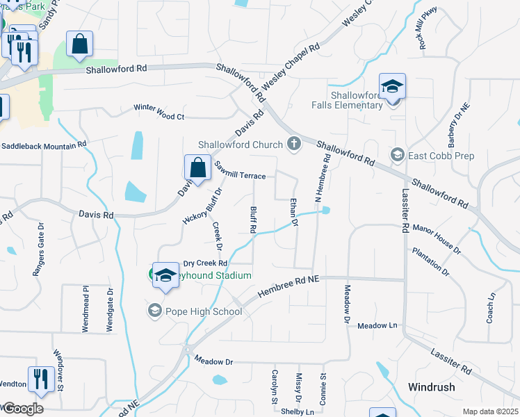 map of restaurants, bars, coffee shops, grocery stores, and more near 3262 Bluff Road in Marietta