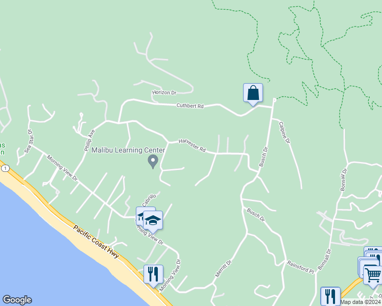 map of restaurants, bars, coffee shops, grocery stores, and more near 29924 Harvester Road in Malibu