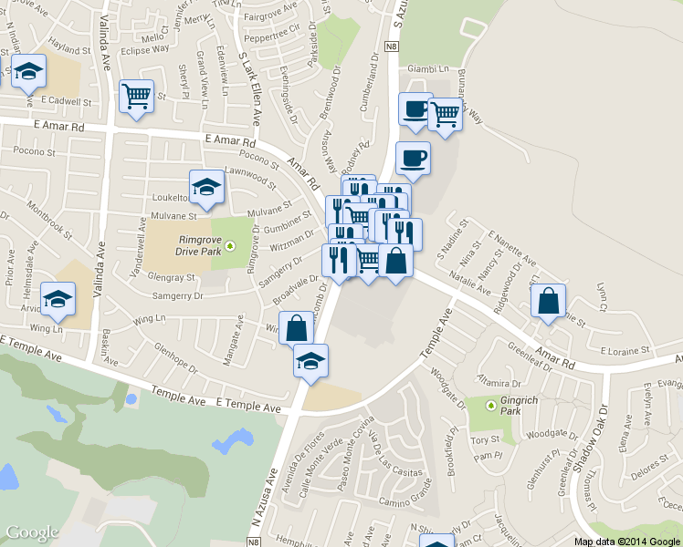 map of restaurants, bars, coffee shops, grocery stores, and more near 2500 South Azusa Avenue in West Covina