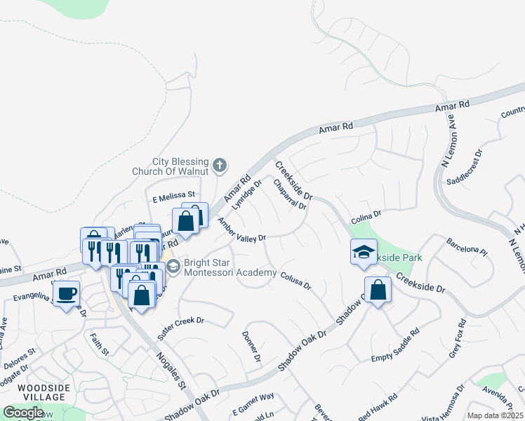 map of restaurants, bars, coffee shops, grocery stores, and more near 960 Fall Creek Court in Walnut