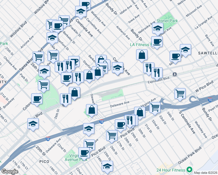 map of restaurants, bars, coffee shops, grocery stores, and more near 3000 Olympic Boulevard in Santa Monica