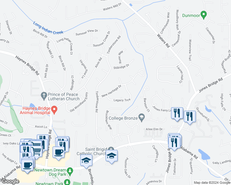 map of restaurants, bars, coffee shops, grocery stores, and more near 3385 New Heritage Drive in Alpharetta