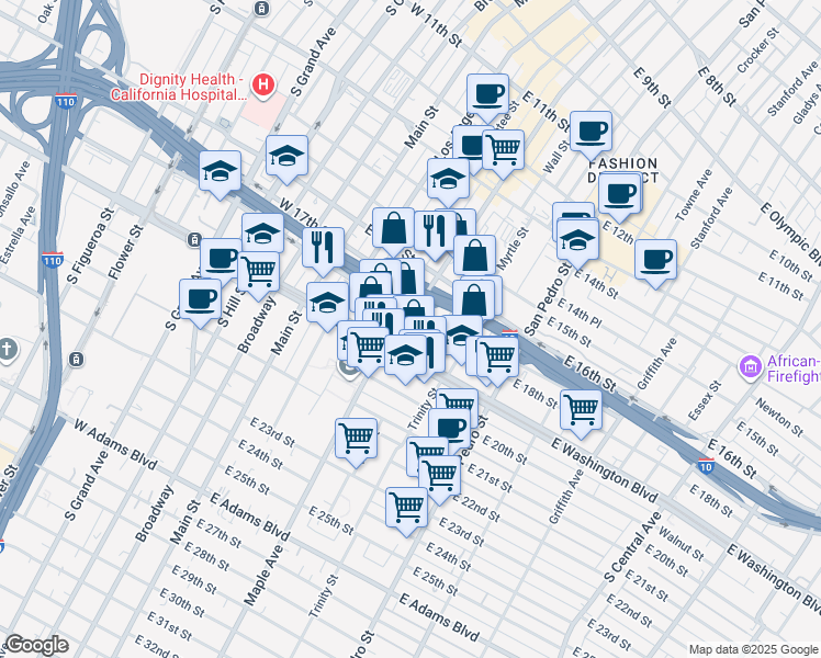 map of restaurants, bars, coffee shops, grocery stores, and more near 1710 Maple Avenue in Los Angeles