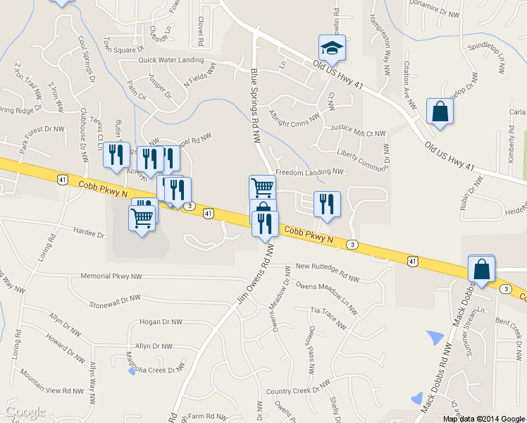 map of restaurants, bars, coffee shops, grocery stores, and more near 3076 Cobb Pkwy in Kennesaw