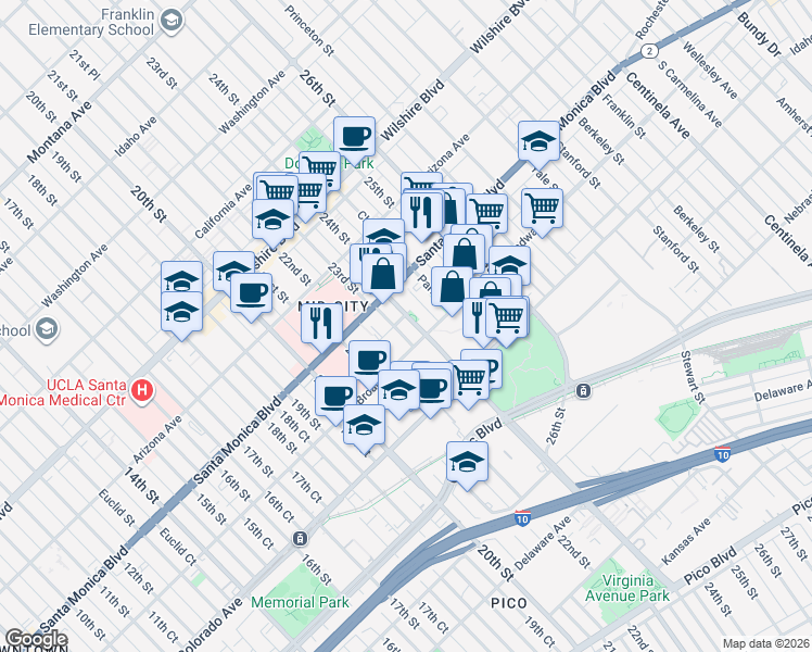 map of restaurants, bars, coffee shops, grocery stores, and more near 1425 Cloverfield Boulevard in Santa Monica