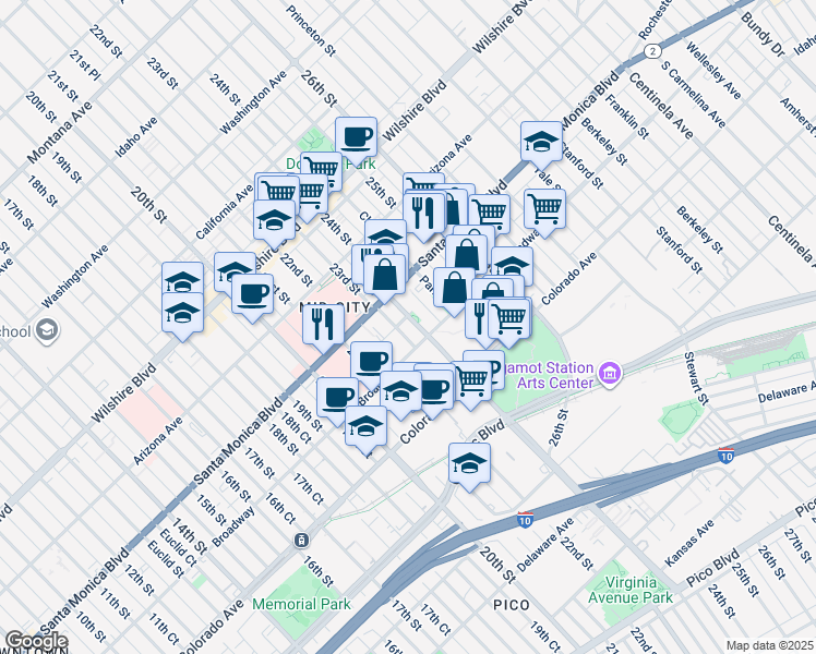 map of restaurants, bars, coffee shops, grocery stores, and more near 2308 Schader Drive in Santa Monica