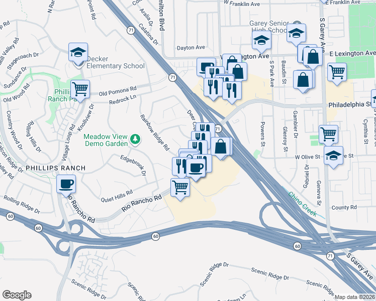 map of restaurants, bars, coffee shops, grocery stores, and more near 59 Deer Creek Road in Pomona