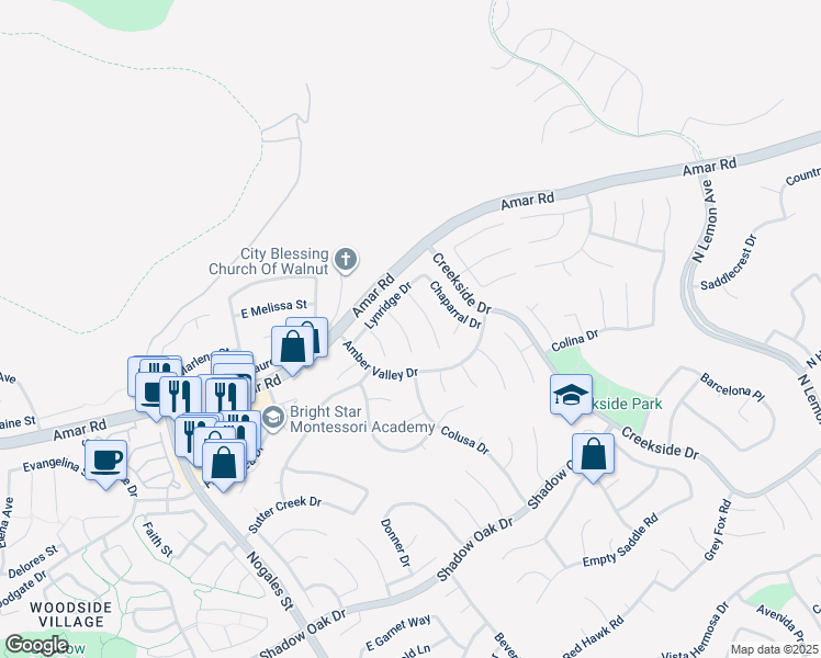 map of restaurants, bars, coffee shops, grocery stores, and more near 960 Fall Creek Court in Walnut