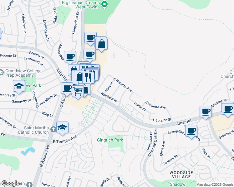 map of restaurants, bars, coffee shops, grocery stores, and more near 2435 South Nancy Street in West Covina