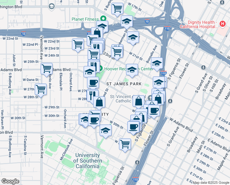 map of restaurants, bars, coffee shops, grocery stores, and more near 815 West Adams Boulevard in Los Angeles