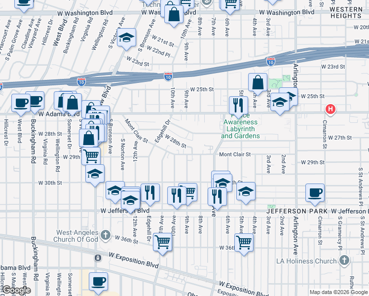 map of restaurants, bars, coffee shops, grocery stores, and more near 3837 West 28th Street in Los Angeles