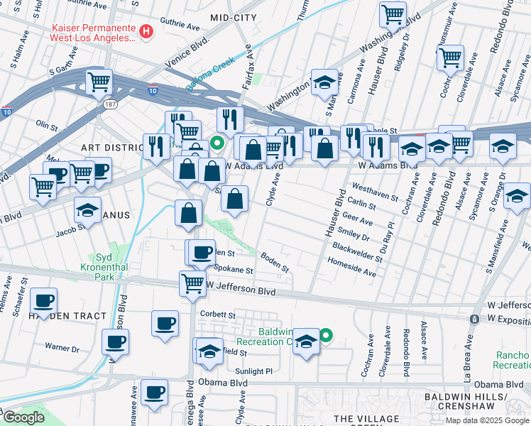map of restaurants, bars, coffee shops, grocery stores, and more near 2701 Clyde Avenue in Los Angeles