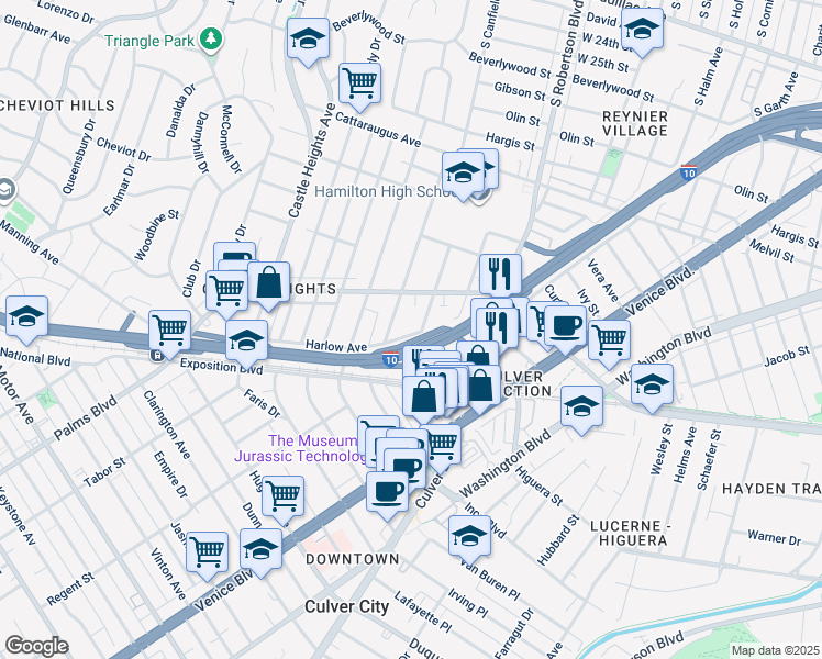 map of restaurants, bars, coffee shops, grocery stores, and more near 3343 South Durango Avenue in Los Angeles