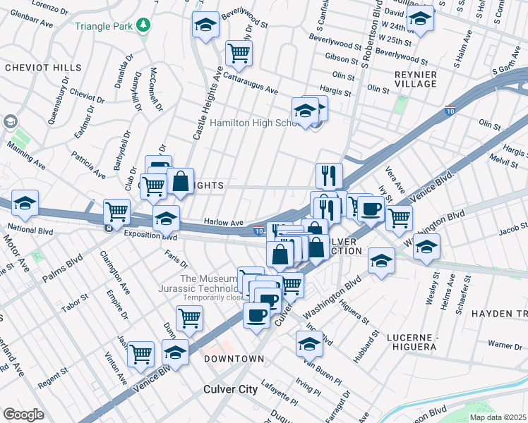 map of restaurants, bars, coffee shops, grocery stores, and more near 3330 South Canfield Avenue in Los Angeles