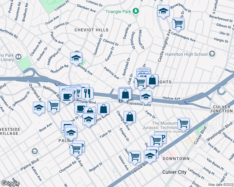 map of restaurants, bars, coffee shops, grocery stores, and more near 3416 Manning Avenue in Los Angeles
