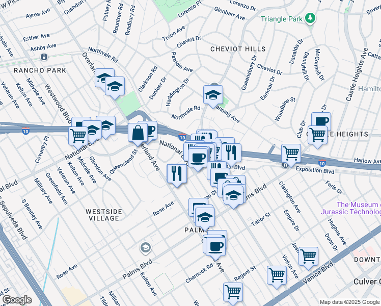 map of restaurants, bars, coffee shops, grocery stores, and more near 10405 Irene Street in Los Angeles