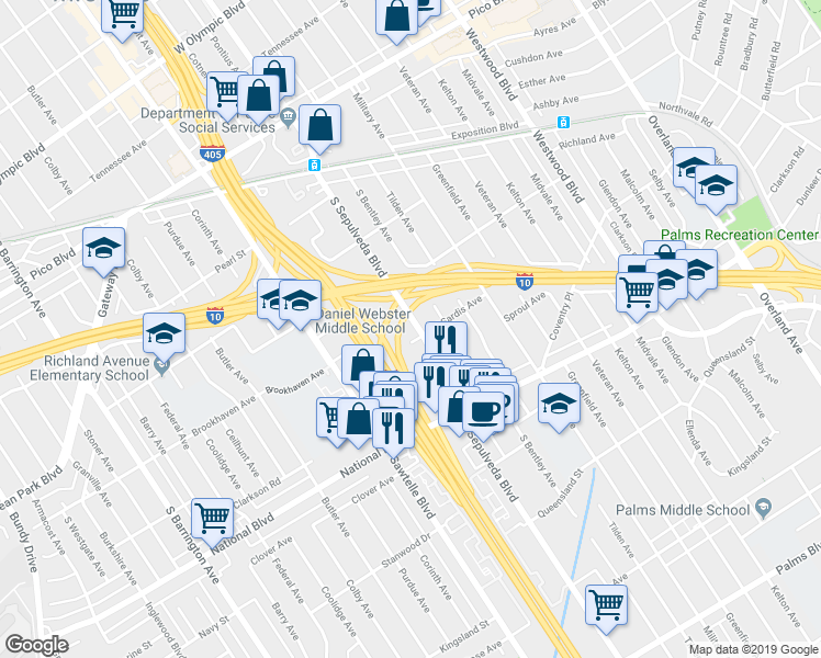 map of restaurants, bars, coffee shops, grocery stores, and more near 2747 South Sepulveda Boulevard in Los Angeles